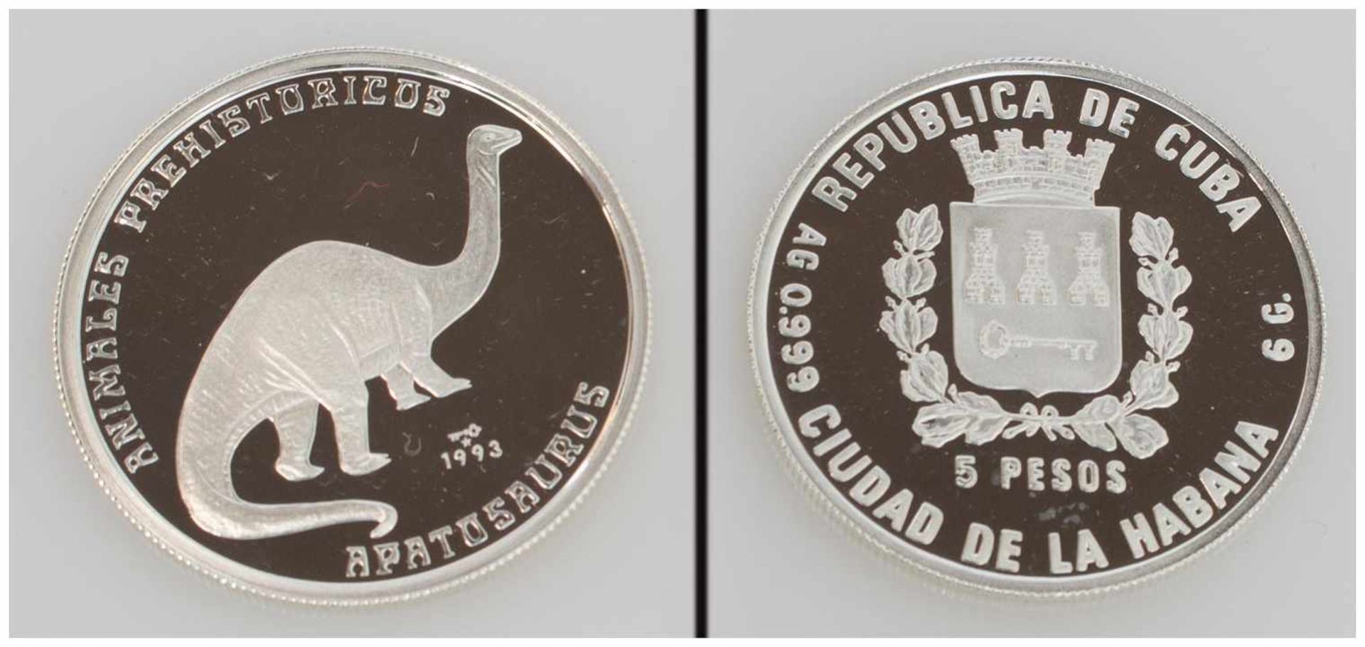 5 Pesos Kuba 1993, Apatosaurus, Feinsilber, PP