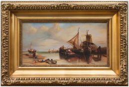 K. Richter (Landschafts- u. Marinemaler d. 19./ 20. Jh.) Fischer im Hafen Öl/ Hafen, 20 x 40 cm,