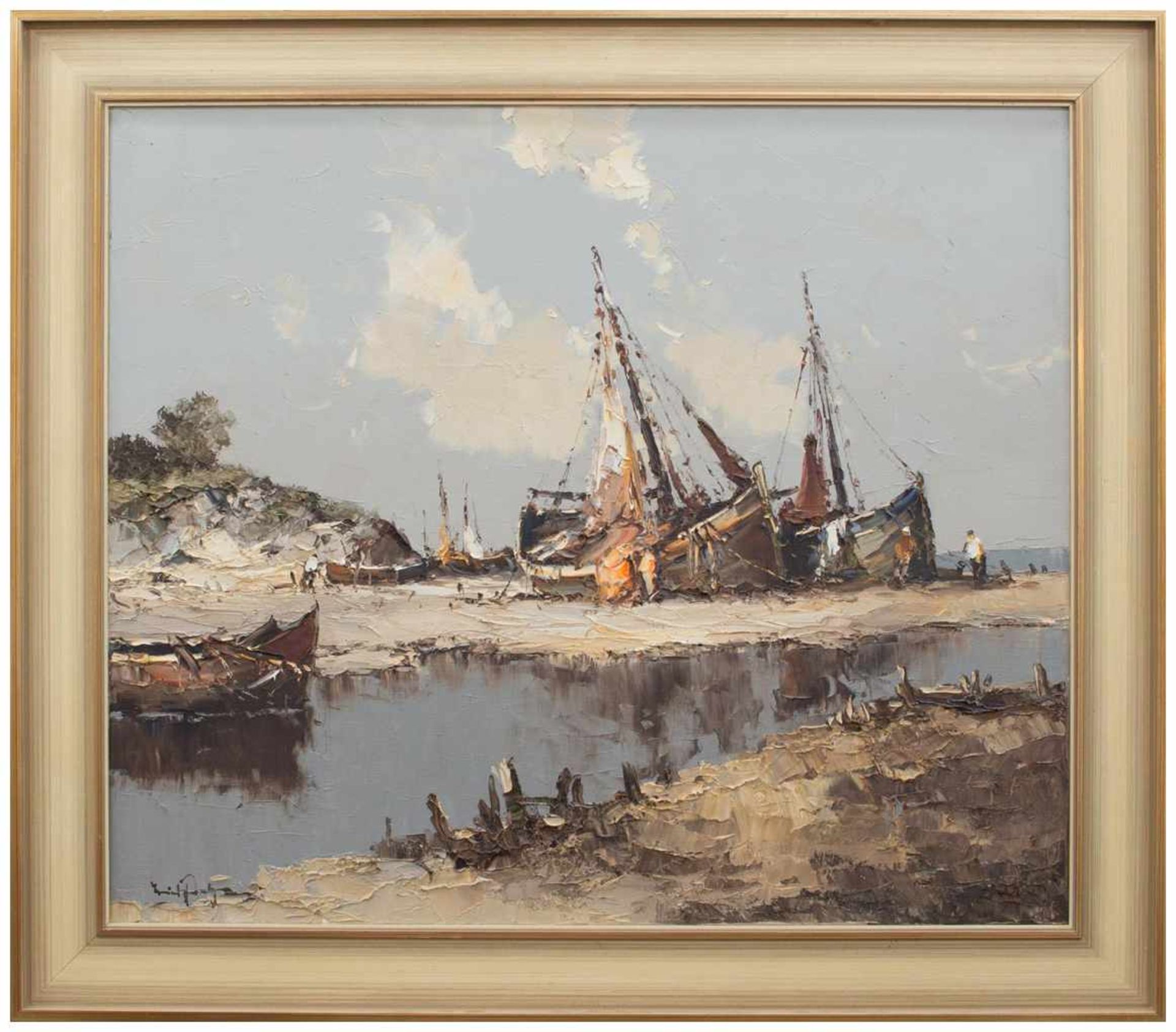 Unbekannt (Landschafts- u. Marinemaler d. 20. Jh.) Fischerboote am Strand Öl/ Leinwand, 59 x 69