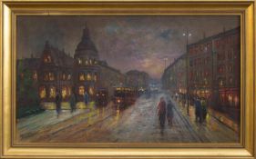 Hauser (Maler u. Zeichner d. 19./ 20. Jh.) Großstadt bei Nacht (um 1910) Öl/ Leinwand, 42 x 73 cm,