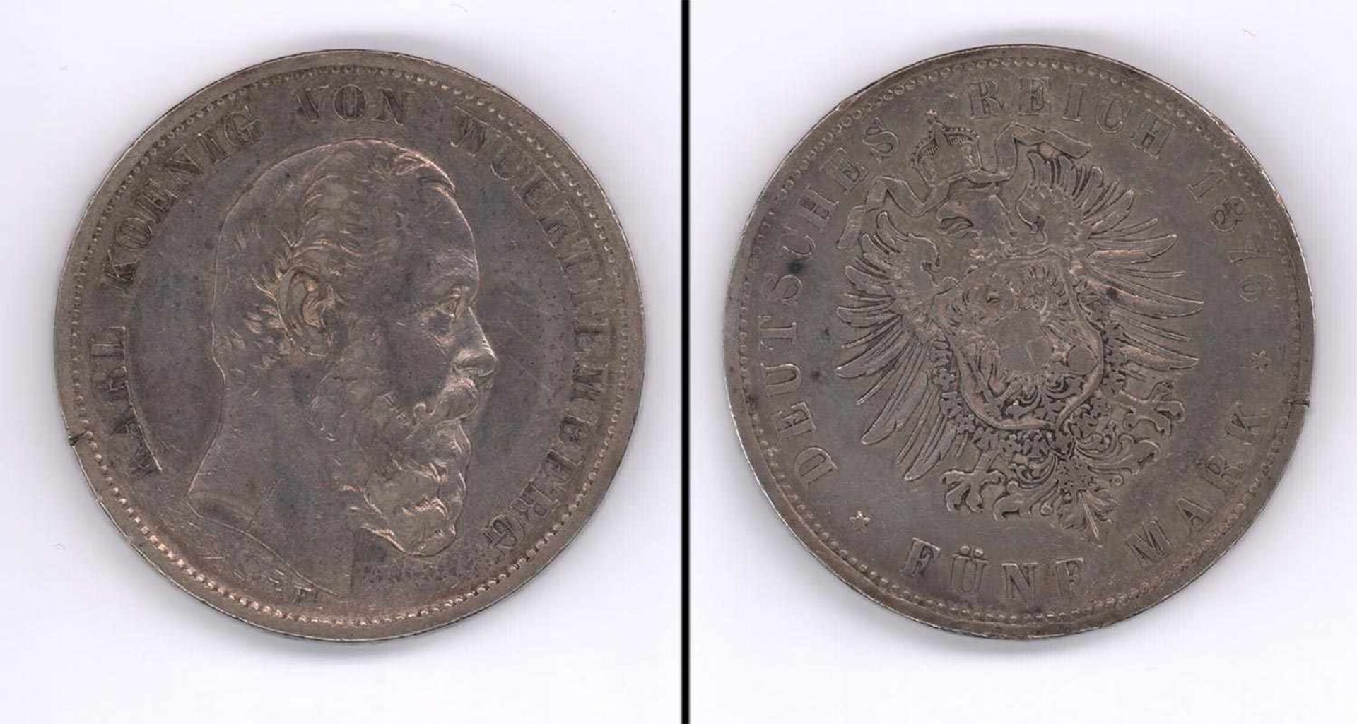5 Mark Württemberg 1876, Karl, Silber, ss+