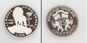 1000 Francs Republik Togo 2000, Löwe, Silber, PP