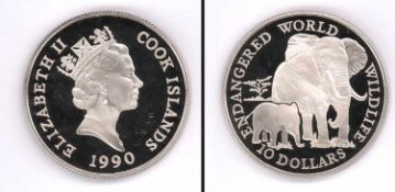 10 Dollar Cook Island 1990, Wild Life - Elefanten, Silber, PP