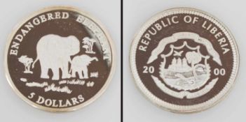 5 Dollar Republik Liberia 2000, Elefant, Silber, PP