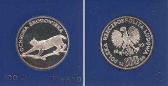 100 Zloty Polen 1979, Luchs, Silber, PP