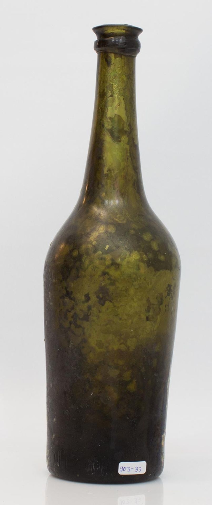 Waldglasflasche Mecklenburg frühes 19. Jh., hochgezogener Boden mit Abriss, Wasserfund, von Glaspest - Bild 2 aus 2