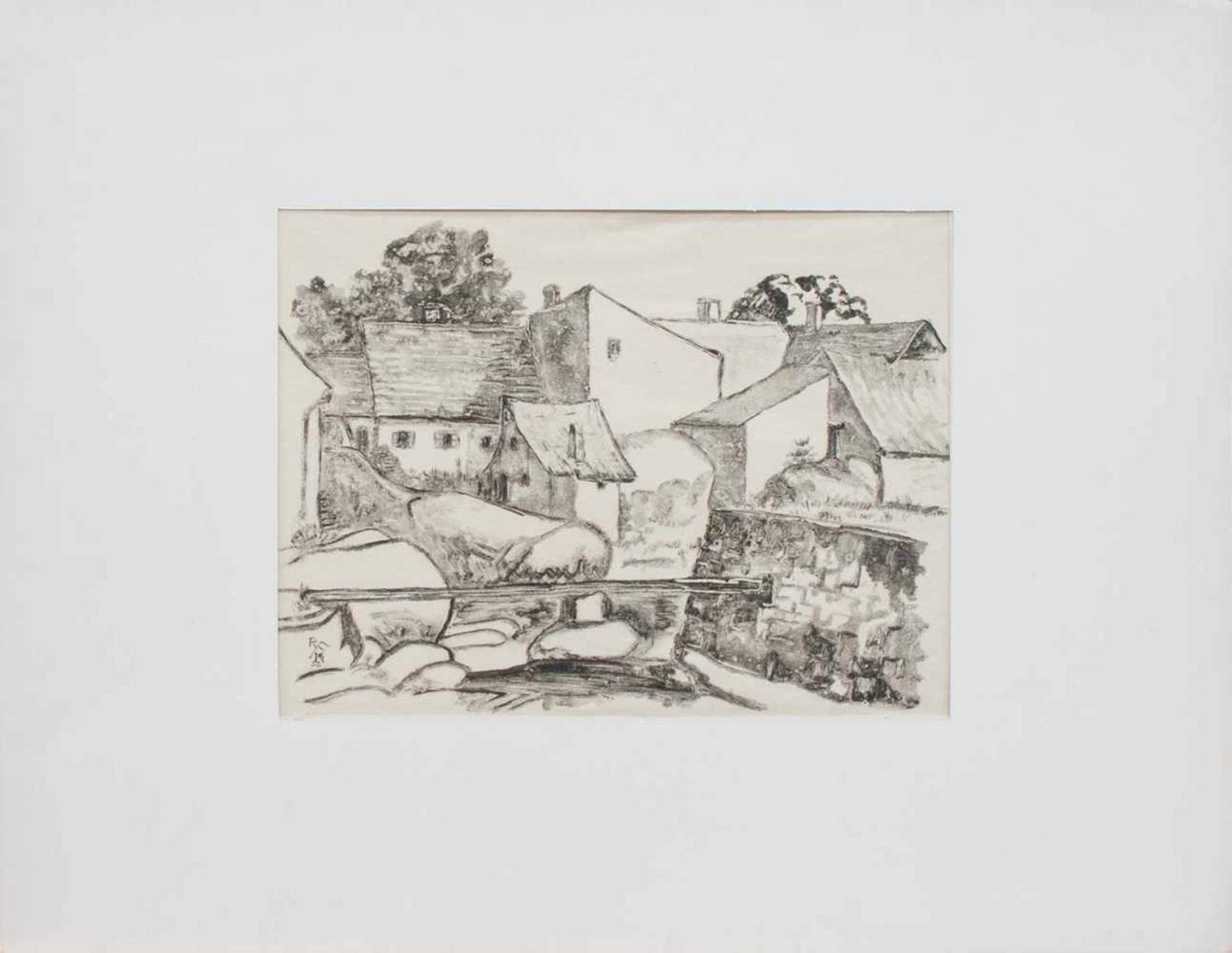Ruth Franka-Kastelberg (Landschaftsmalerin u. Grafikerin d. 20. Jh.) Häuser am Fluß Monotypie, 26