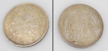 5 France Frankreich 1875, Herkulesgruppe, Silber