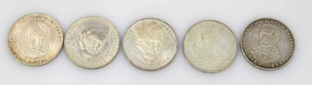 5 x 5 DM BRD 1966 - 1979, verschiedene Anlässe, Silber
