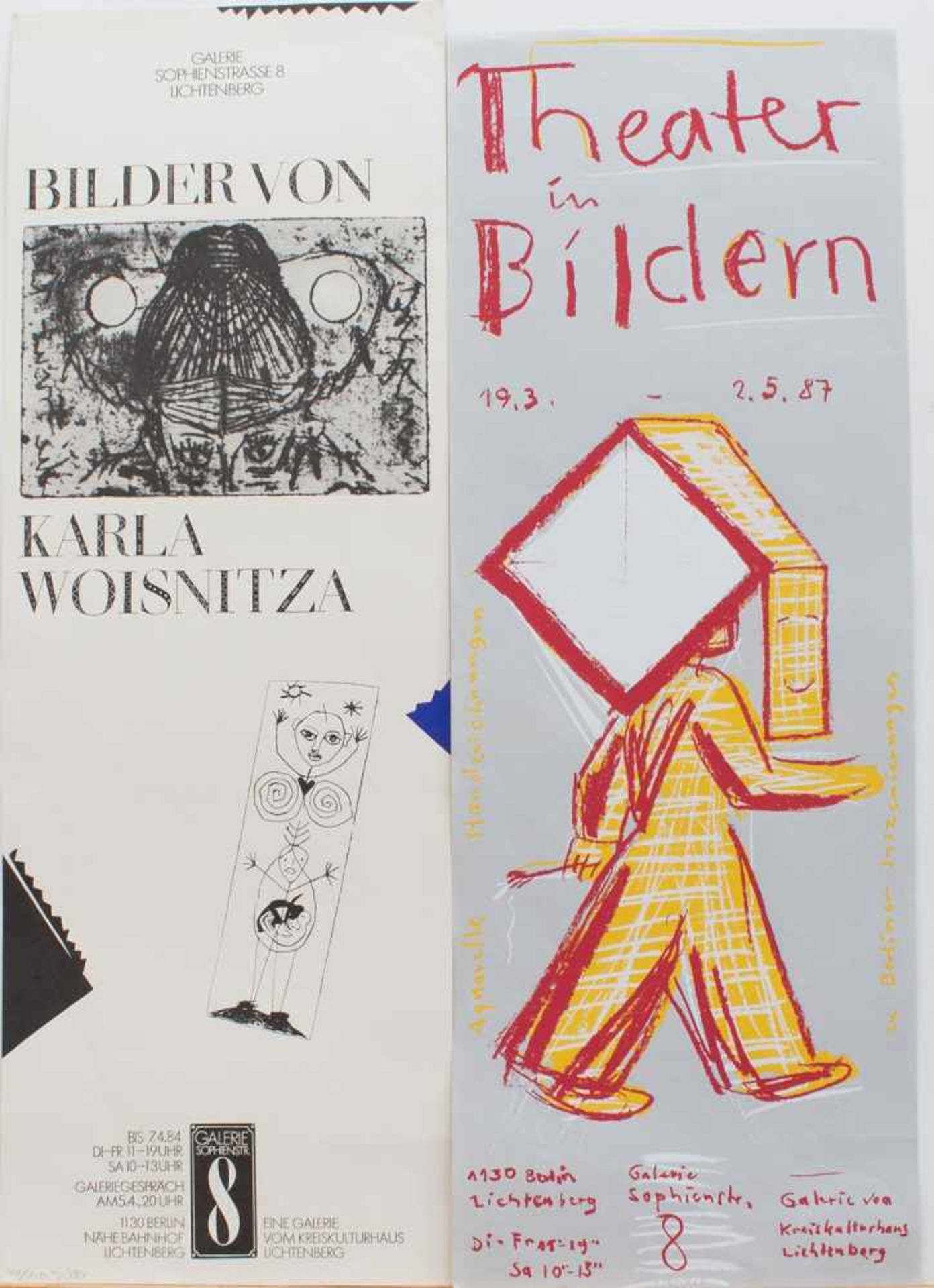 4 Ausstellungsplakate der legendären Berliner Galerie in der Sophienstraße 8 1984-1989, darunter