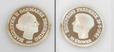 10 Kronen Dänemark 1986, Frederik/ Margarethe, Silber, PP