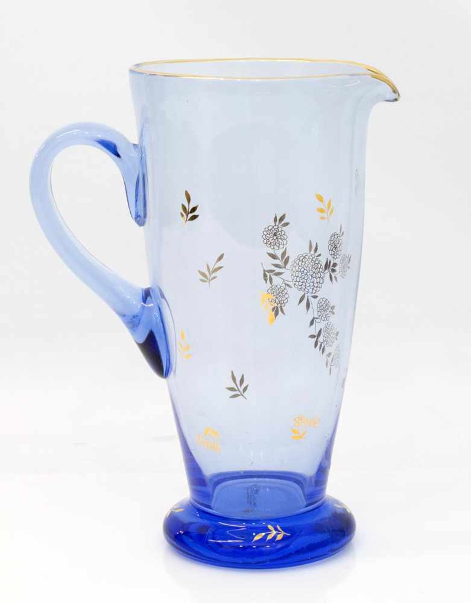 Saftkrug 20. Jh., Blauglas mit floralem Golddekor, H. 27 cm