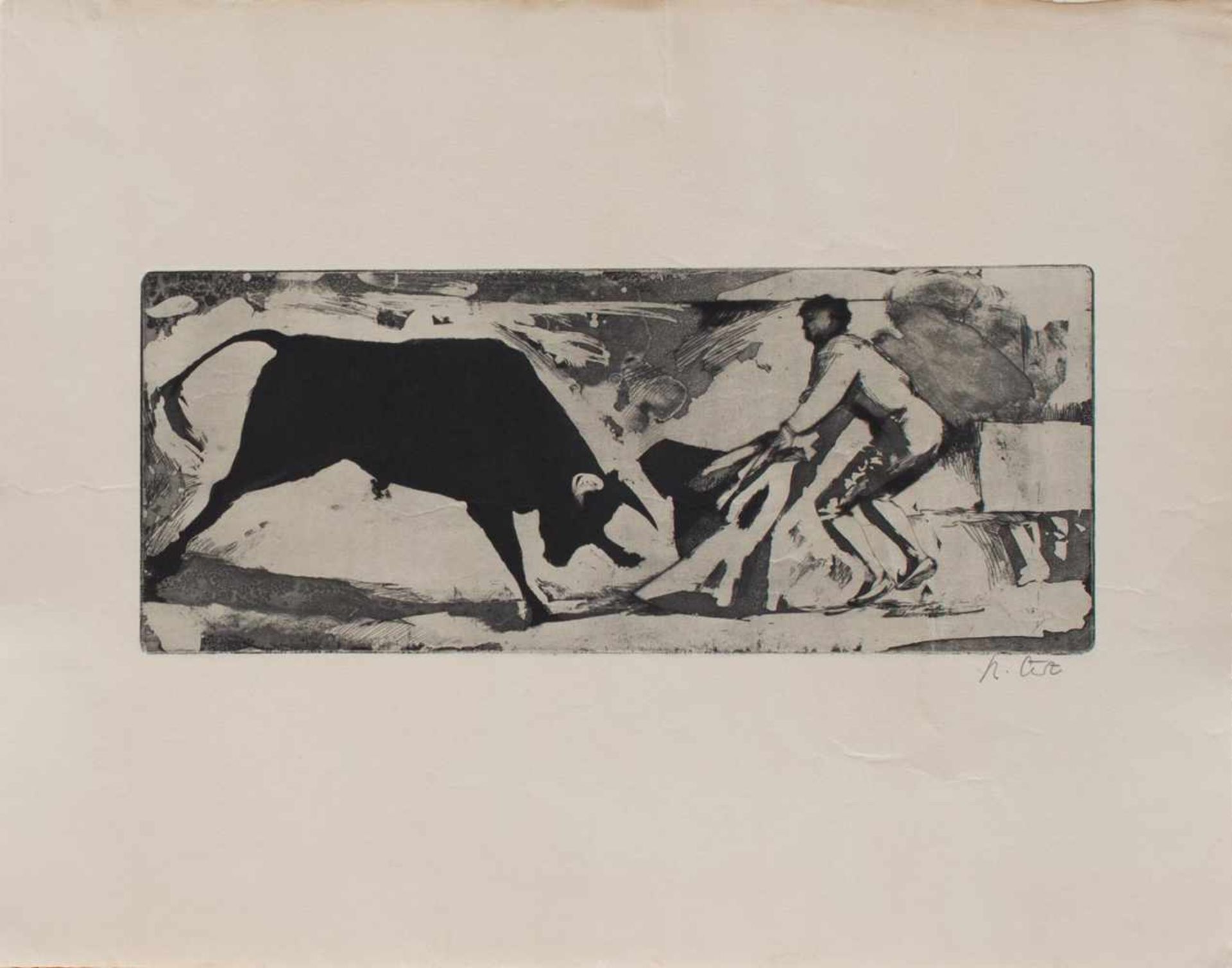 Unleserlich (Grafiker des 20. Jh.) Stierkampf Original Radierung, 15,5 x 38 cm, unger.,