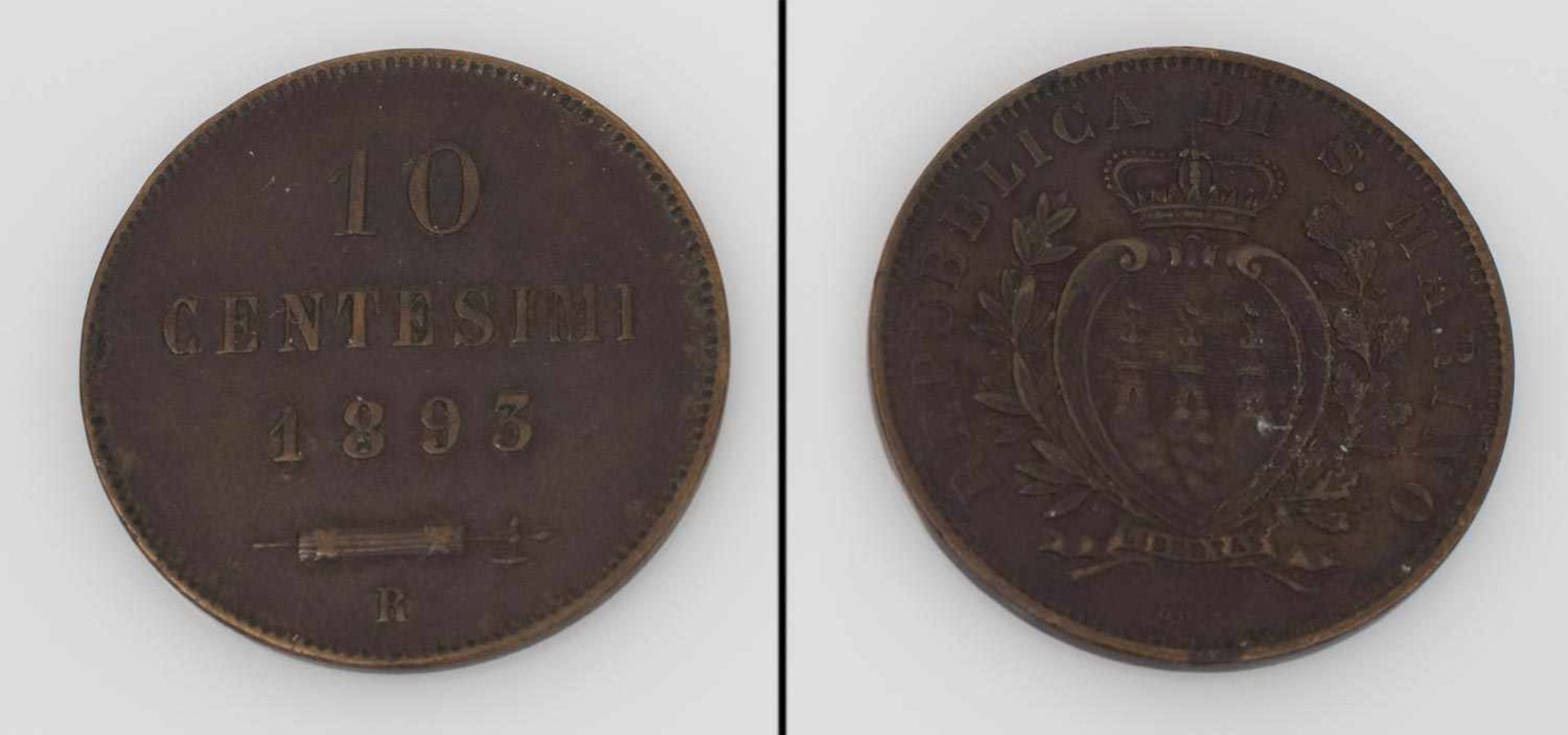 10 Centissimi San Marino 1893, Wappen, ss-vz, selten