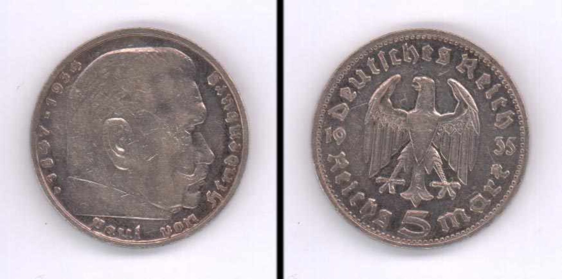 5 Reichsmark Deutsches Reich 1935 D, Hindenburg, Silber