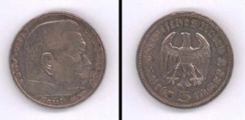 5 Reichsmark Deutsches Reich 1935 A, Hindenburg, Silber
