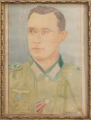 Portrait eines Unteroffiziers d. Deutschen Wehrmacht, Farbstift, 39 x 29 cm, gerahmt, signiert u.