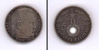 5 Reichsmark Deutsches Reich 1939 B, Hindenburg, Silber