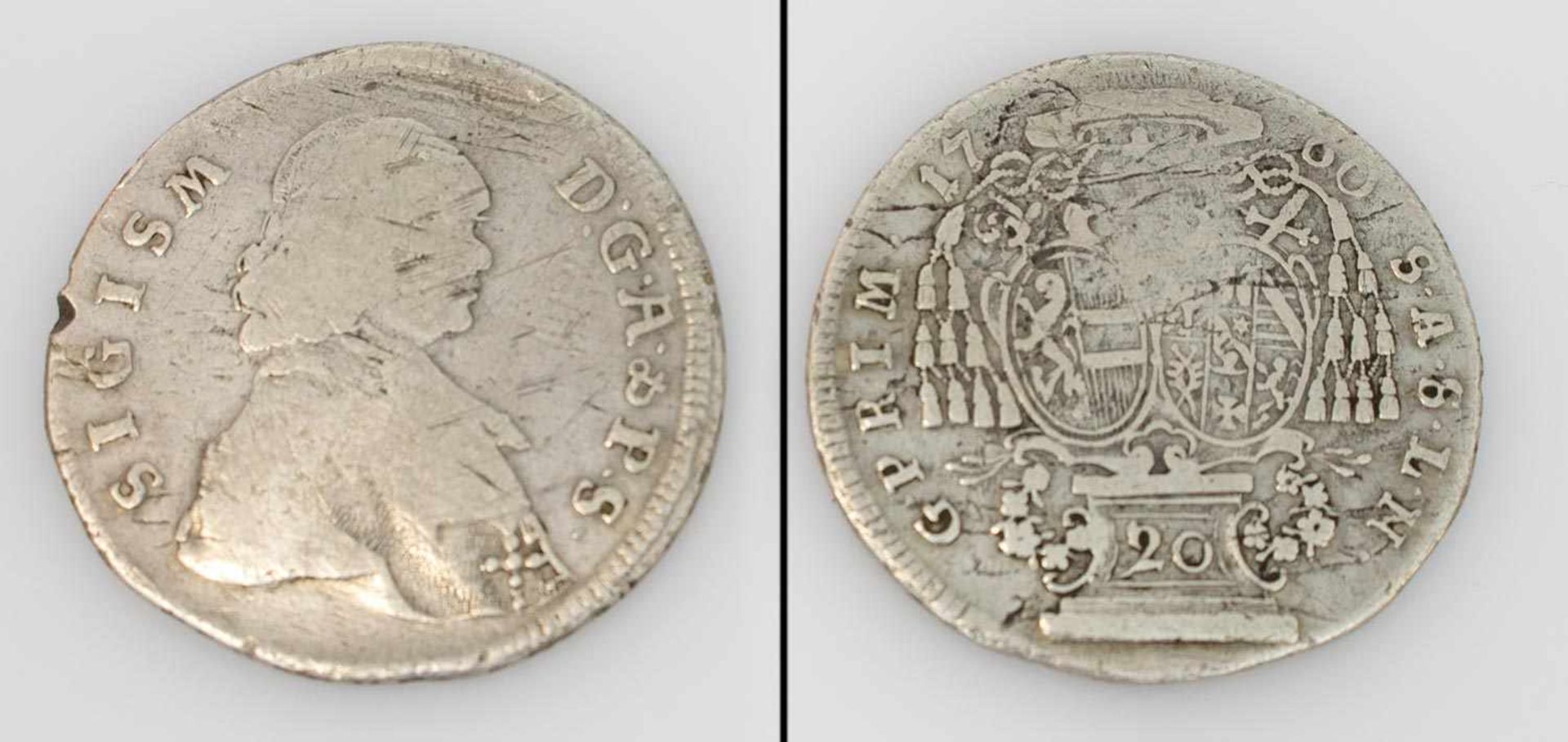 20 Kreuzer Salzburg 1760, Sigismund III. Graf von Schrattenbach, Silber