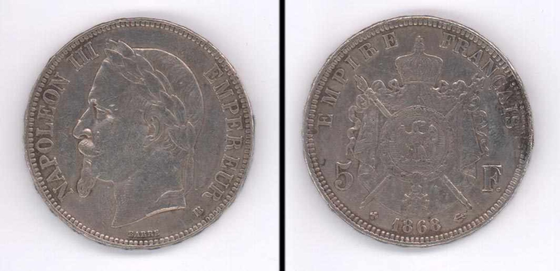 5 France Frankreich 1868 BB, (Straßburg), Napoleon III., Silber,