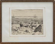 Hans de Vos (1891 - 1949, deutscher Maler u. Grafiker) Zeesenboote vor der Küste Federzeichnung,