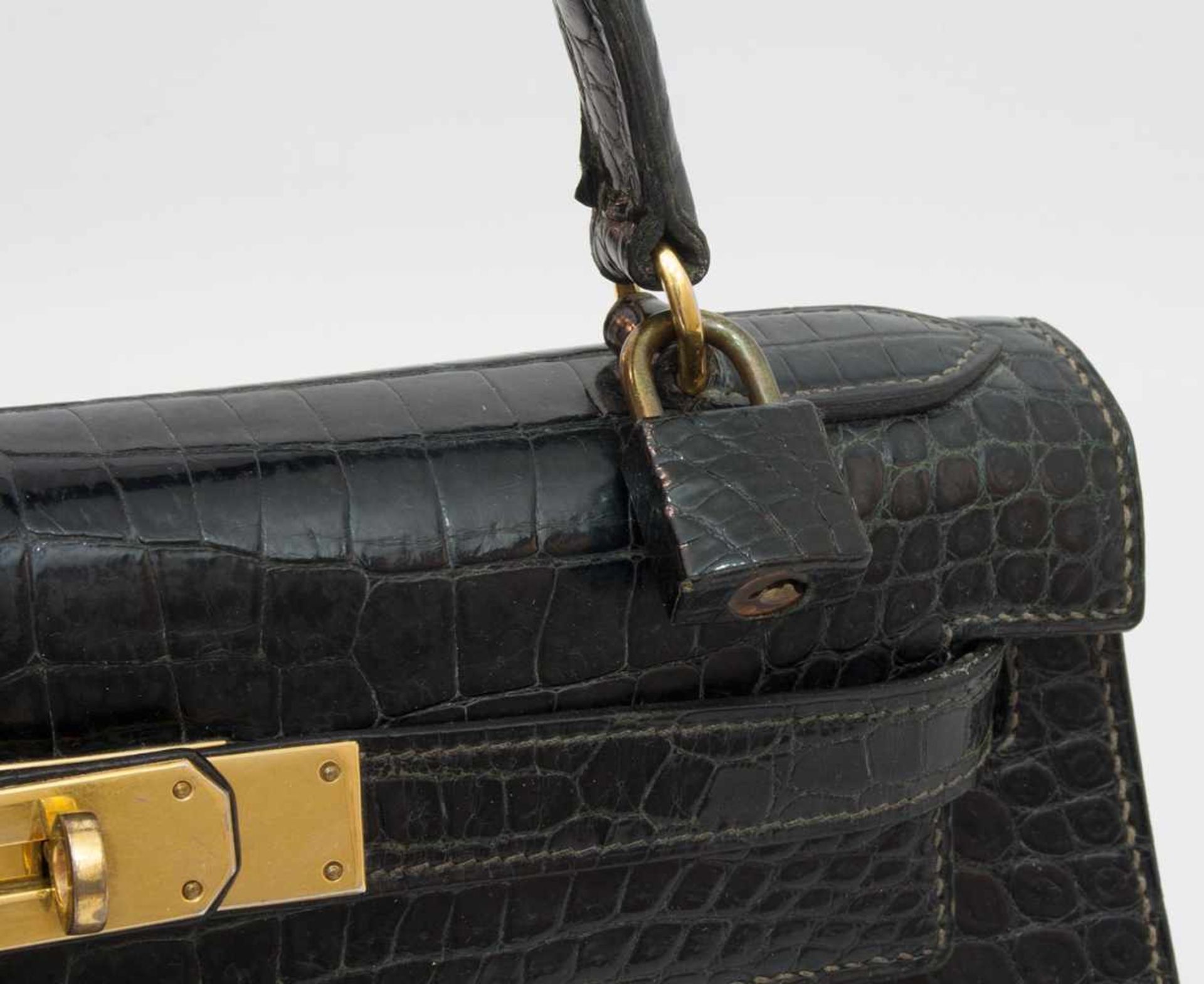 Kelly Bag Hermes/ Paris Damenhandtasche, Original Hermes, schwarzes Krokodilleder, Original Schloß - Bild 3 aus 6