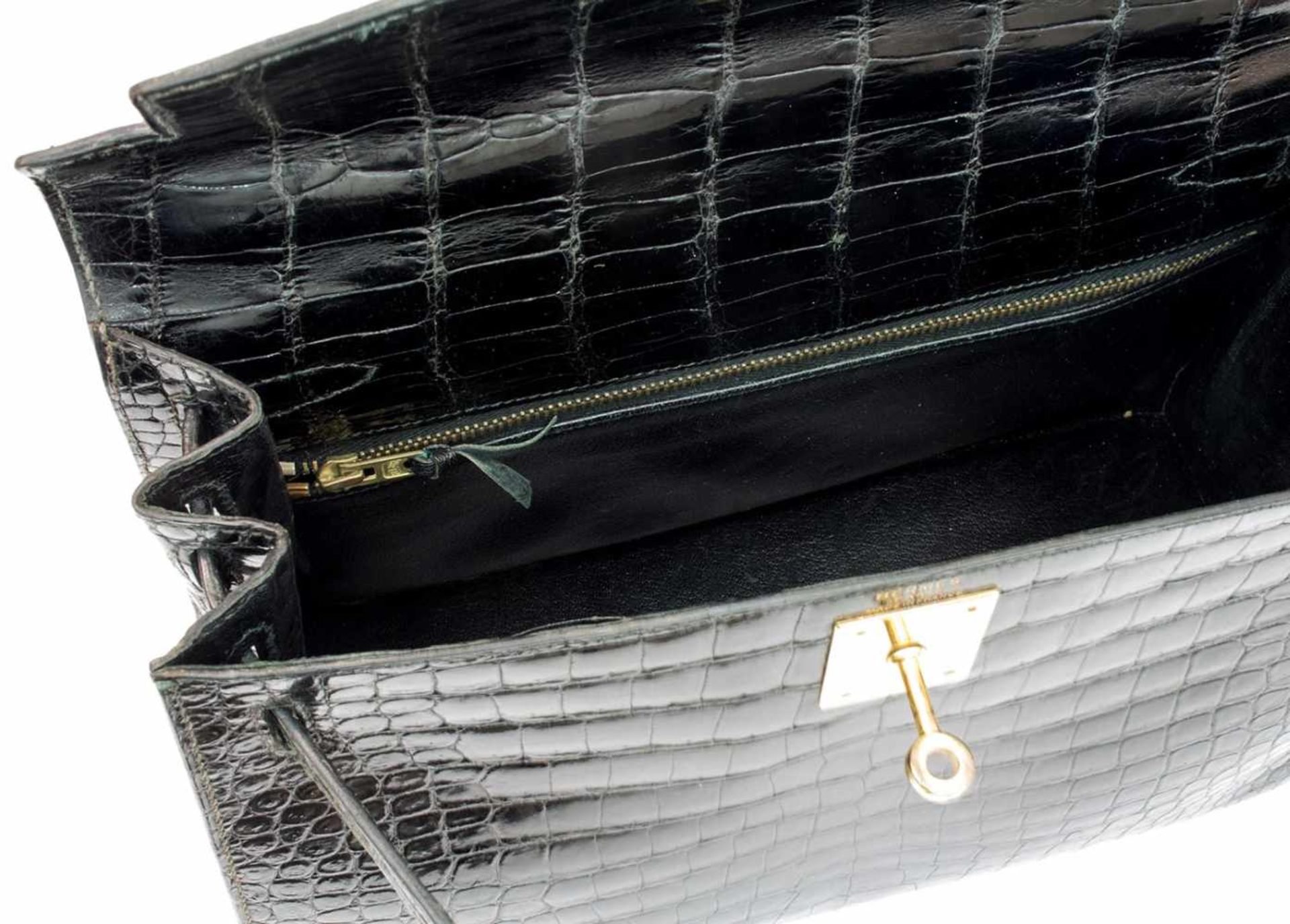 Kelly Bag Hermes/ Paris Damenhandtasche, Original Hermes, schwarzes Krokodilleder, Original Schloß - Bild 6 aus 6