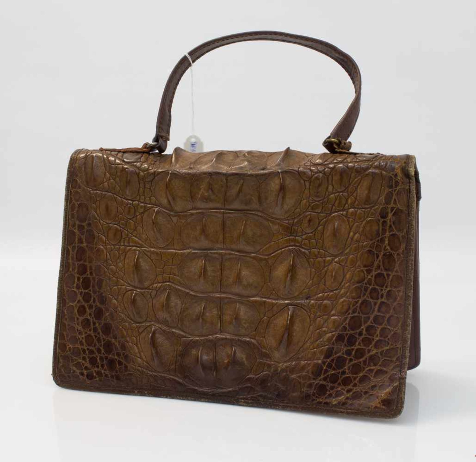 Handtasche um 1930er Jahre, braunes Krokodilleder, Druckverschluß, 24 x 17 x 2,5 cm