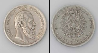 5 Mark Württemberg 1876 F, Karl, Silber
