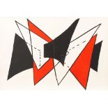 Calder, Alexander: Farbige Komposition. Doppelblatt aus DLM, Farblithographie in Schwarz, Weiß, Rot.
