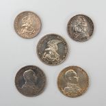 5x Preußen. 3x 3 Mark (2x Wilhelm II., 1914 und 1918 und 1x Befreiungskriege 1913), 2 Mark