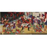 Farbholzschnitt Triptychon Yôshûsai Chikanobu mit rotem Toshidama-Siegel. Datiert 1877. Szene aus