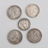 Konvolut 5 Silbermünzen. 3 x "Fünf Mark Deutsches Reich" mit Reichsadler. Je auf dem Rand "Gott