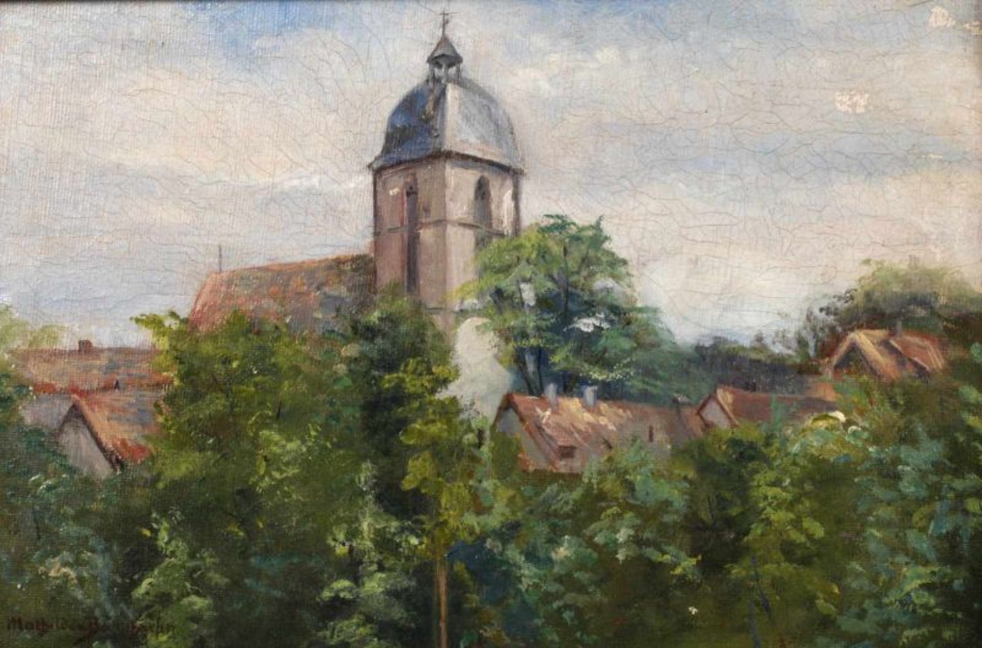 Mathilde von Bodenhausen, Kleinstadtidylle Blick auf Häuser und Kirche, umgeben von zahlreichen