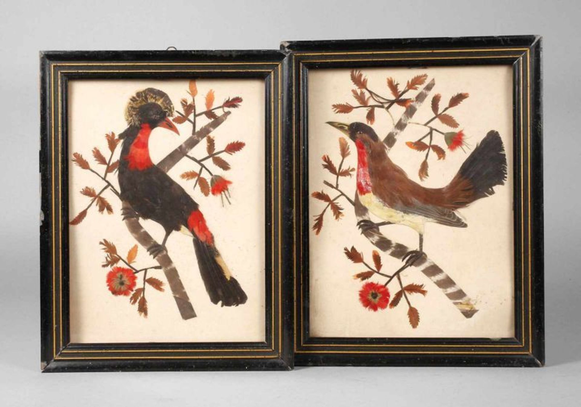 Paar exotische Federbilder Darstellung zweier auf Ästen sitzender, exotischer Vögel, dekorative