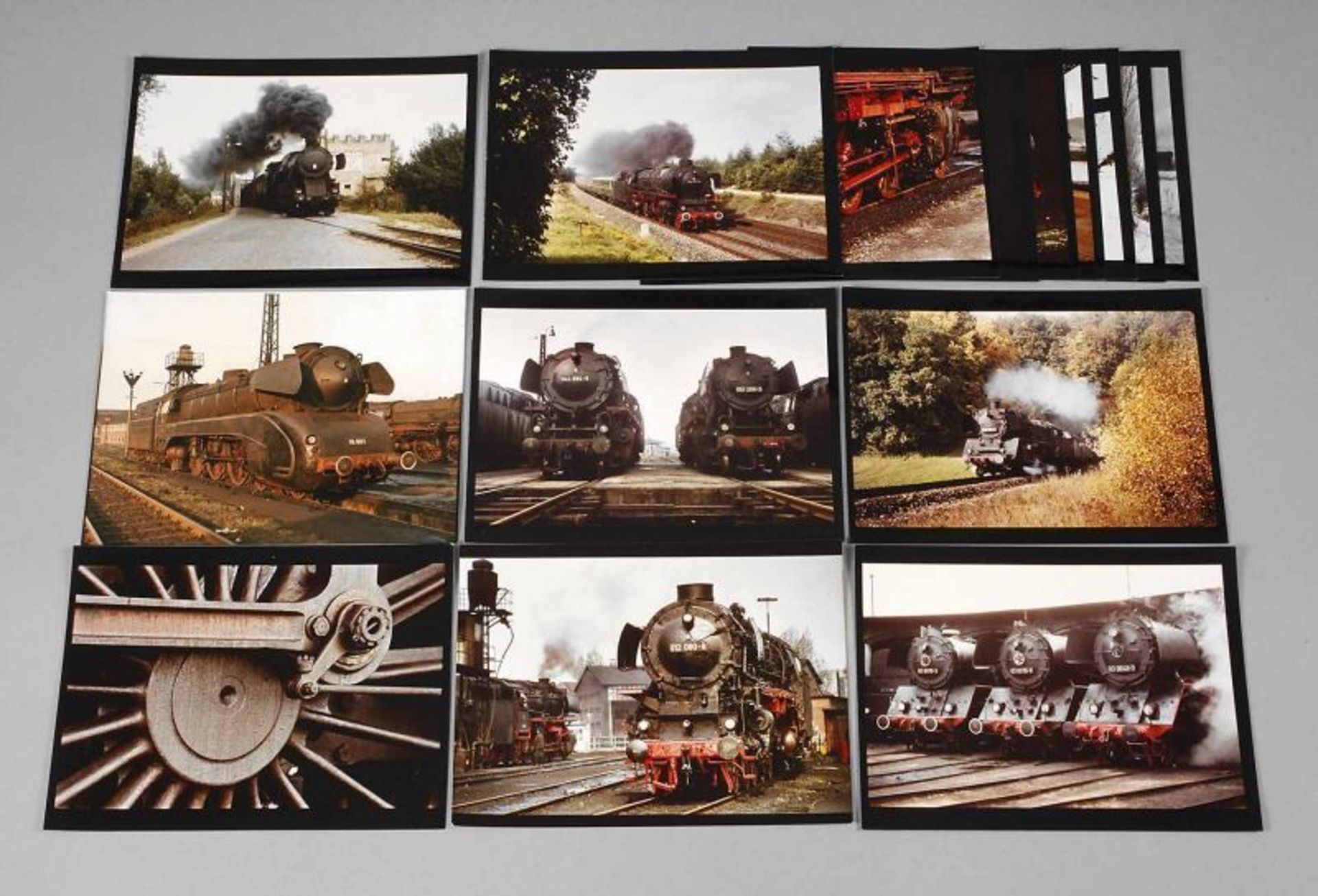 Konvolut Eisenbahnfotos Aufnahmen von versch. Dampflokomotiven, um 1980, 15 Fotografien, Vintages,