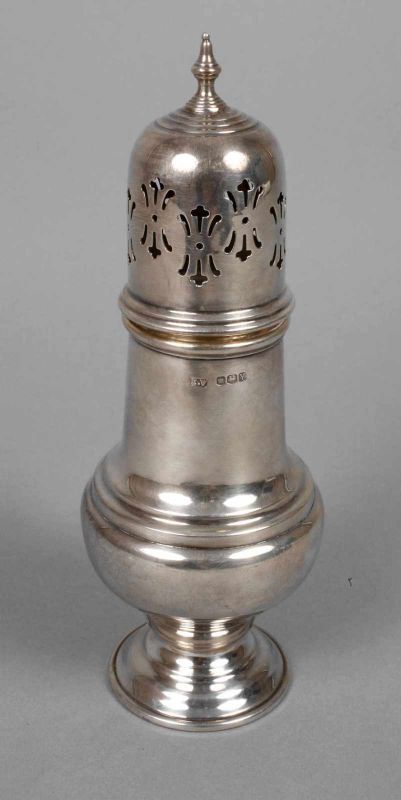 Englischer Zuckerstreuer Silber Anfang 20. Jh., verschiedene Punzen mit Lion Passant, Hersteller E.