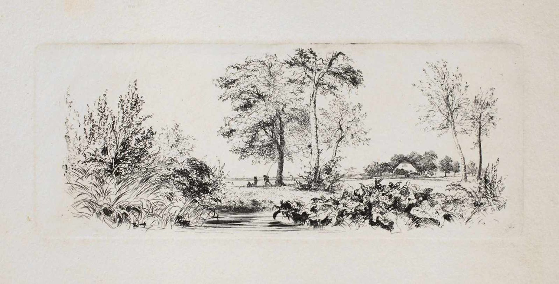 Prof. Adolph von Menzel, "Landschaft mit dem Sumpf" Blick über einen teils bewachsenen Tümpel in