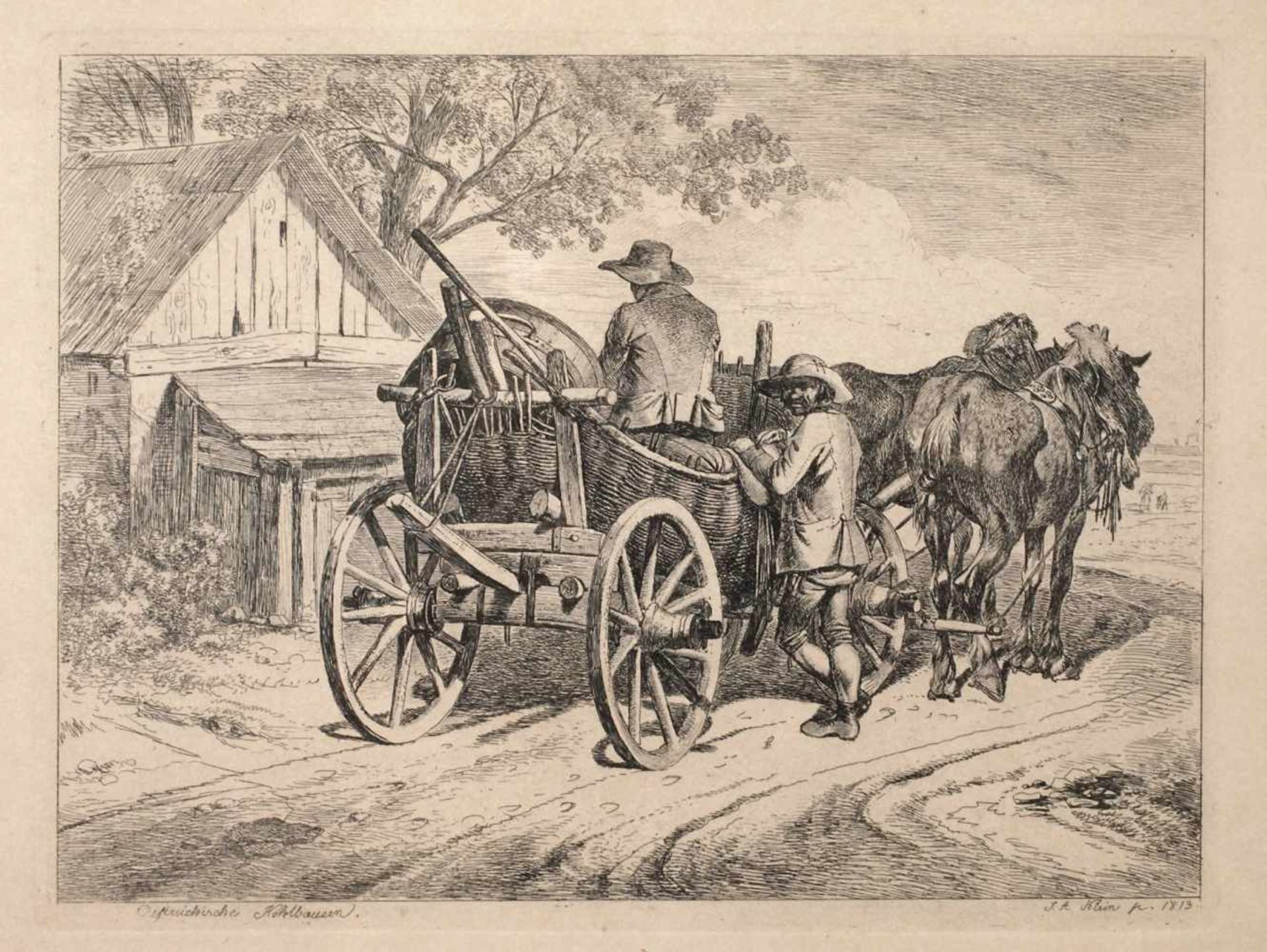 Johann Adam Klein, "Österreichische Kohlbauern" Pferdegespann mit Bauern vor einer Hütte, Radierung,