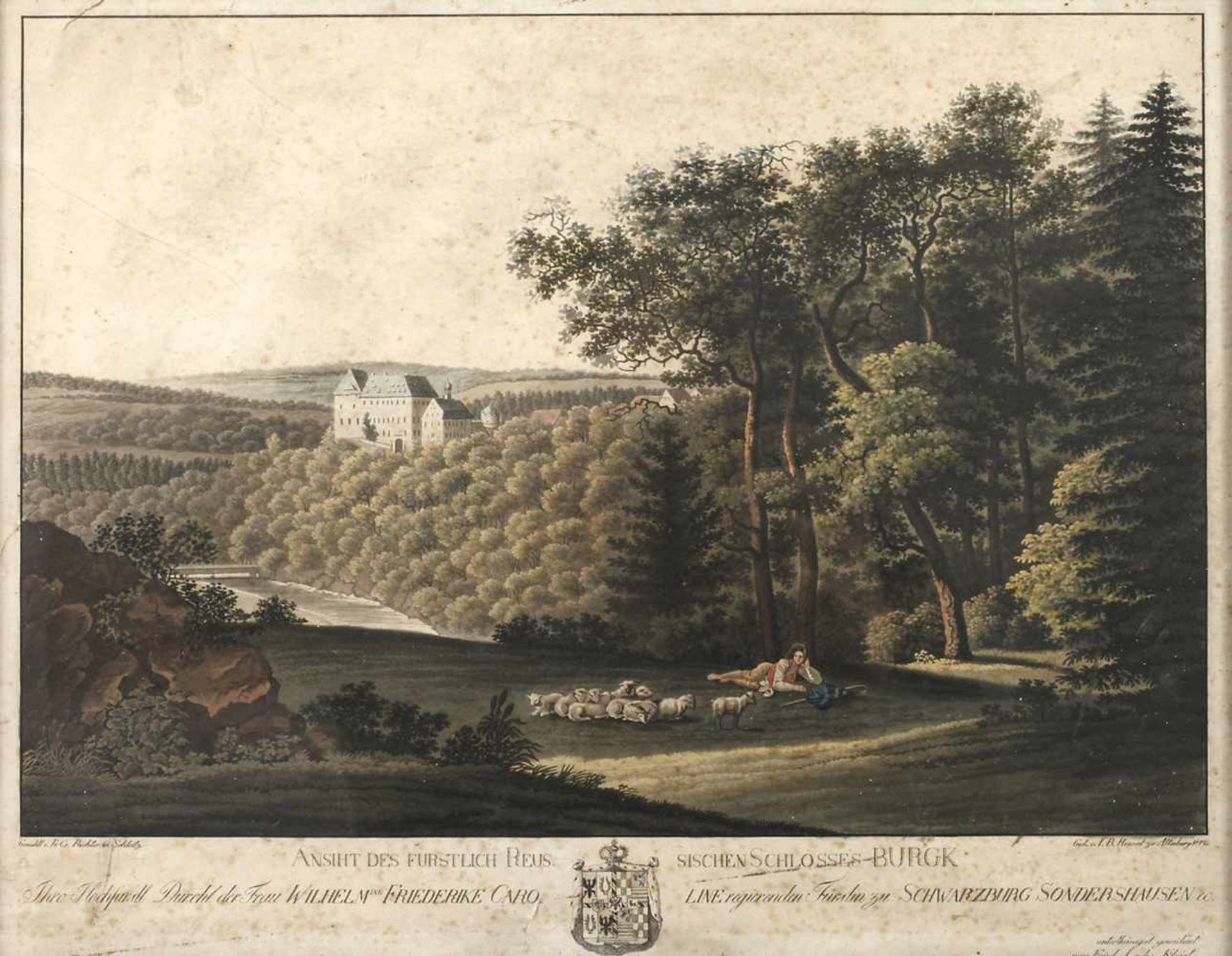 Johann Baptist Hössel, Ansicht Schloss Burgk Blick vom Röhrensteig, vorbei an rastendem Hirten mit