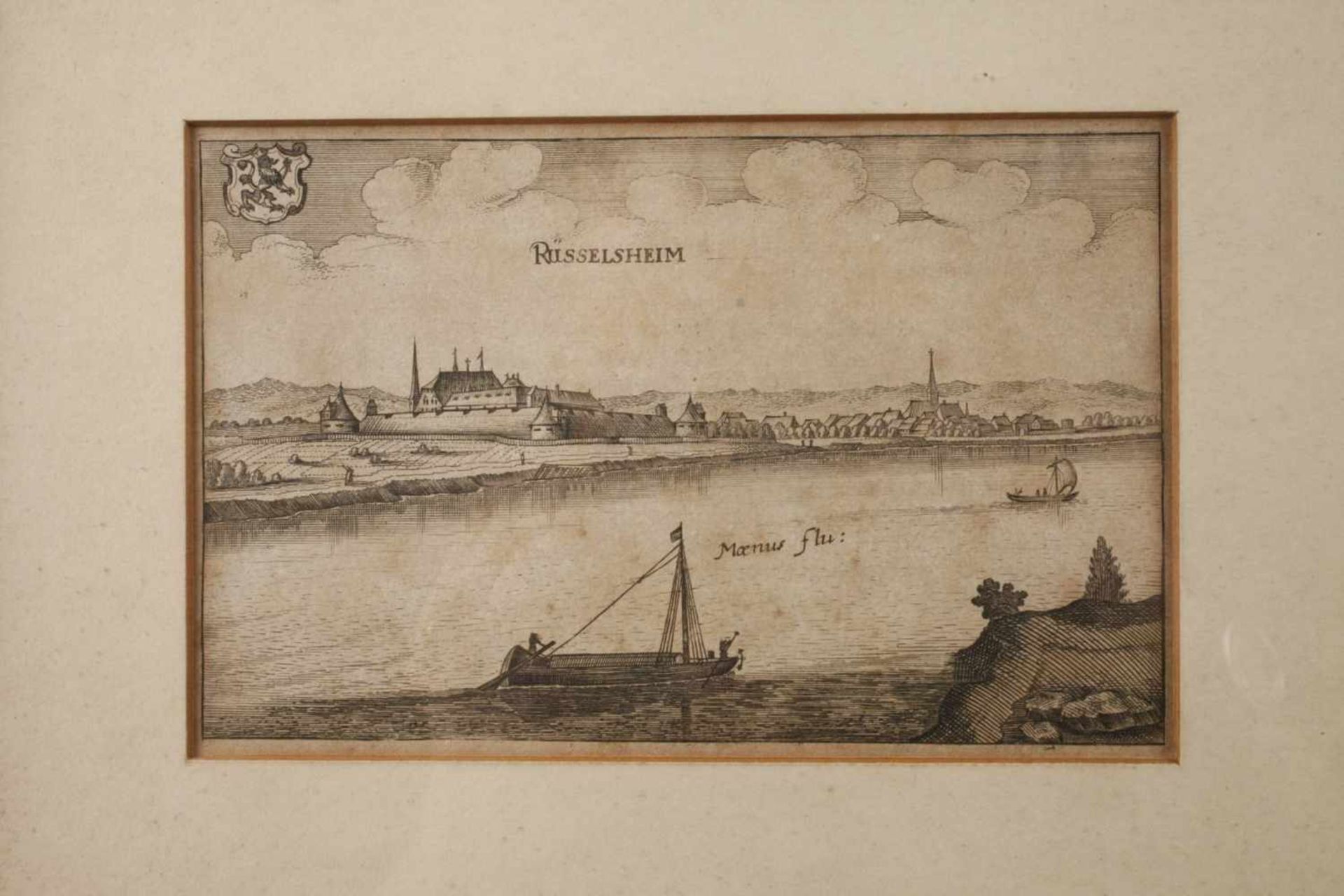 Paar Ansichten Rüsselsheim Kupferstich von Gabriel Bodenehr, um 1730, mit Blick über den Main und - Bild 2 aus 3