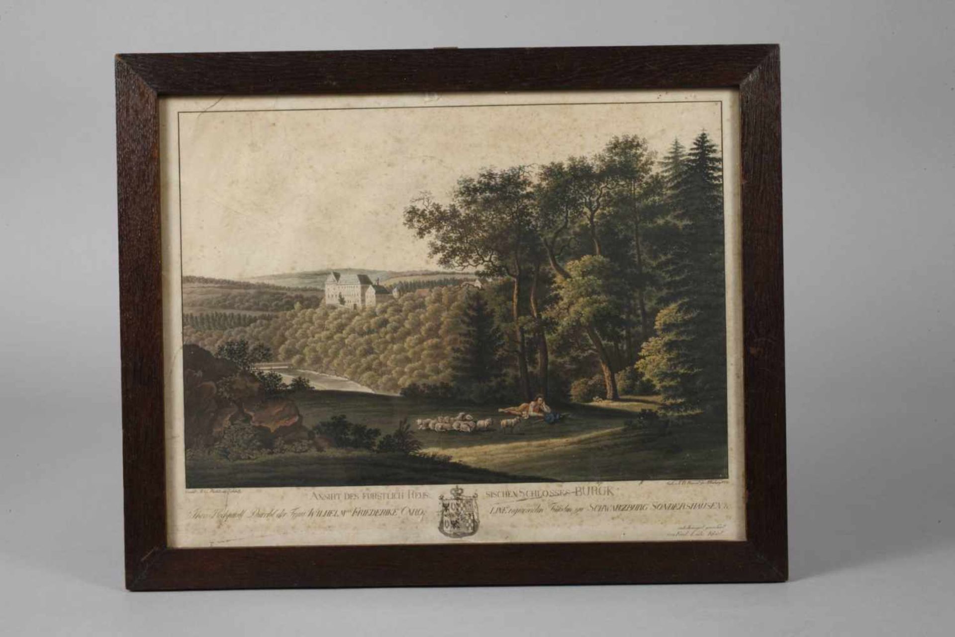 Johann Baptist Hössel, Ansicht Schloss Burgk Blick vom Röhrensteig, vorbei an rastendem Hirten mit - Bild 2 aus 4