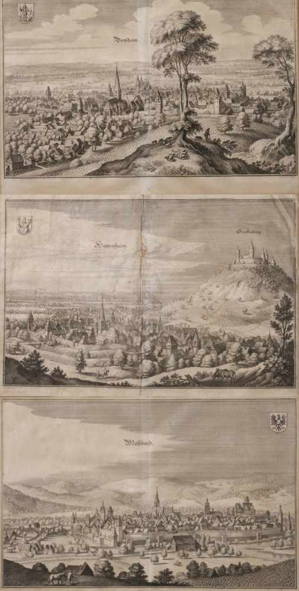 Matthäus Merian, Konvolut Stadtansichten je eine Ansicht von Moßbach, Benzheim und Heppenheim,