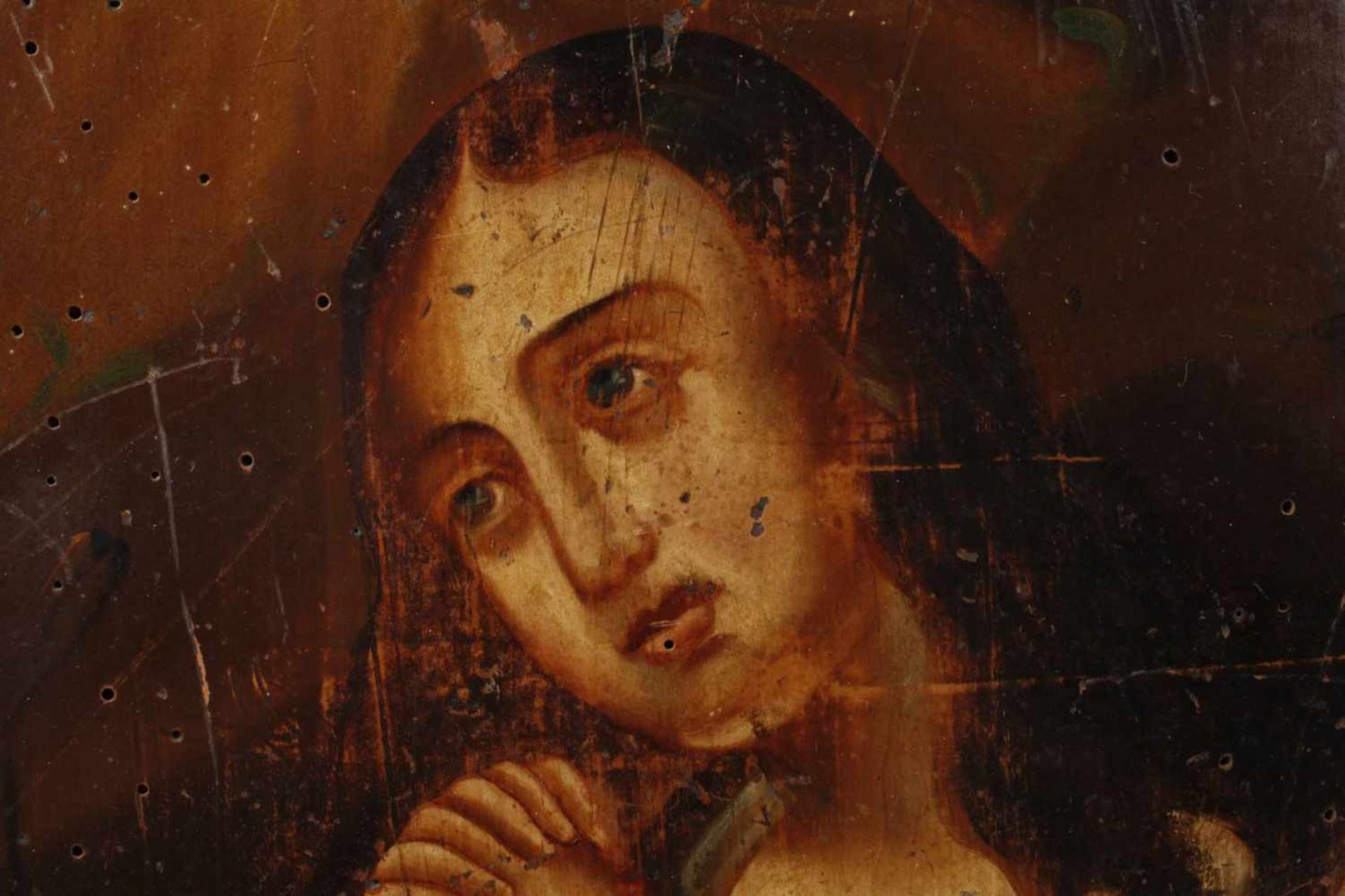Orthodoxes Andachtsbild wohl 18. Jh., undeutlich griechisch oder kyrillisch bezeichnet, Öl auf - Bild 3 aus 5