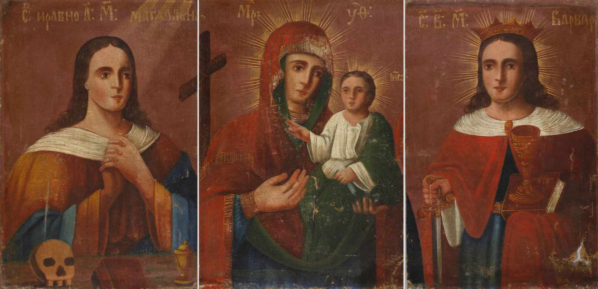 Drei Heiligendarstellungen Russland, 19. Jh., unsigniert, kirchenslawisch bezeichnet, Öl auf Leinen,