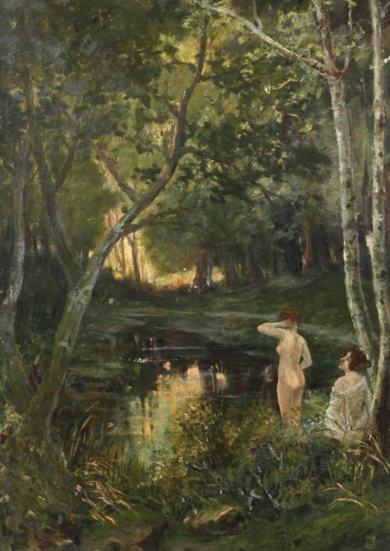 Beim Bade zwei junge, teils unbekleidete Frauen, beim Baden an einem einsamen Waldteich, partiell
