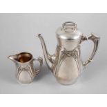 Silber Kaffeekanne und Sahnekännchen Jugendstil um 1900, gestempelt Halbmond, Krone, 800,