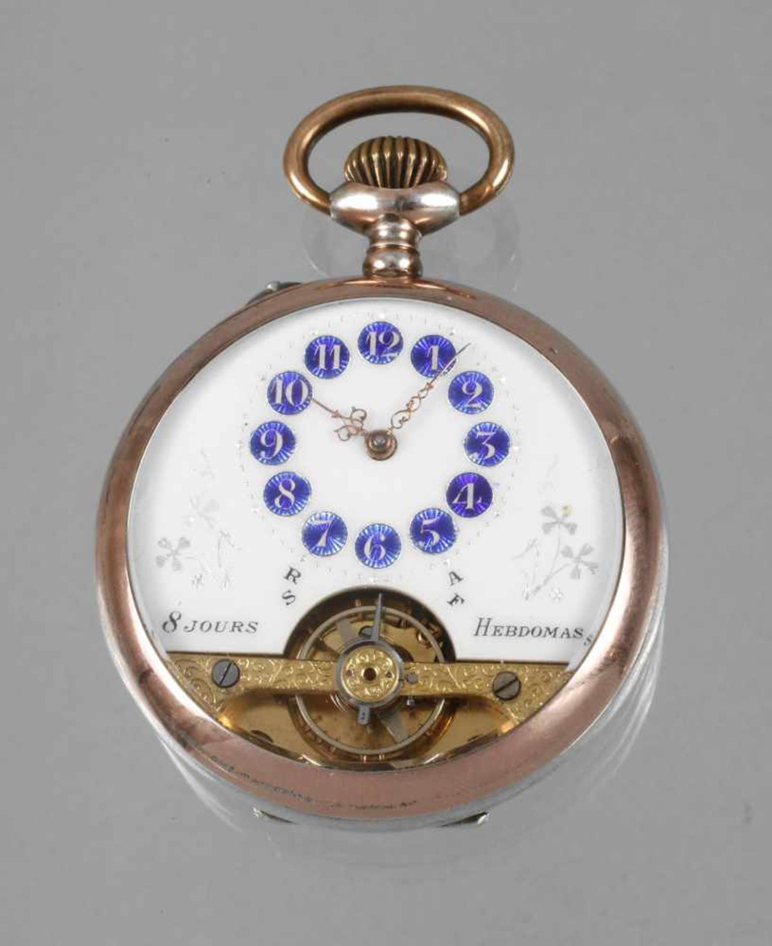 Herrentaschenuhr Schweiz um 1915, Marke Hebdomas, Gehäuse Silber gestempelt 800 und teilvergoldet,