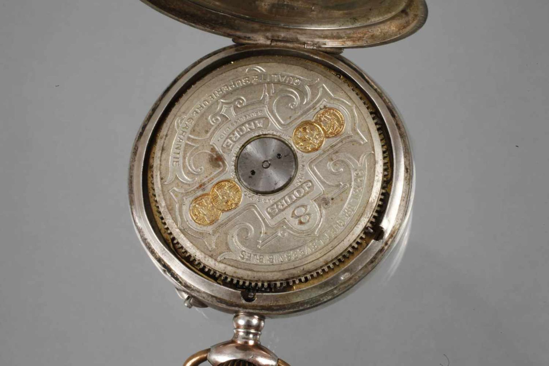 Herrentaschenuhr Schweiz um 1915, Marke Hebdomas, Gehäuse Silber gestempelt 800 und teilvergoldet, - Bild 2 aus 4