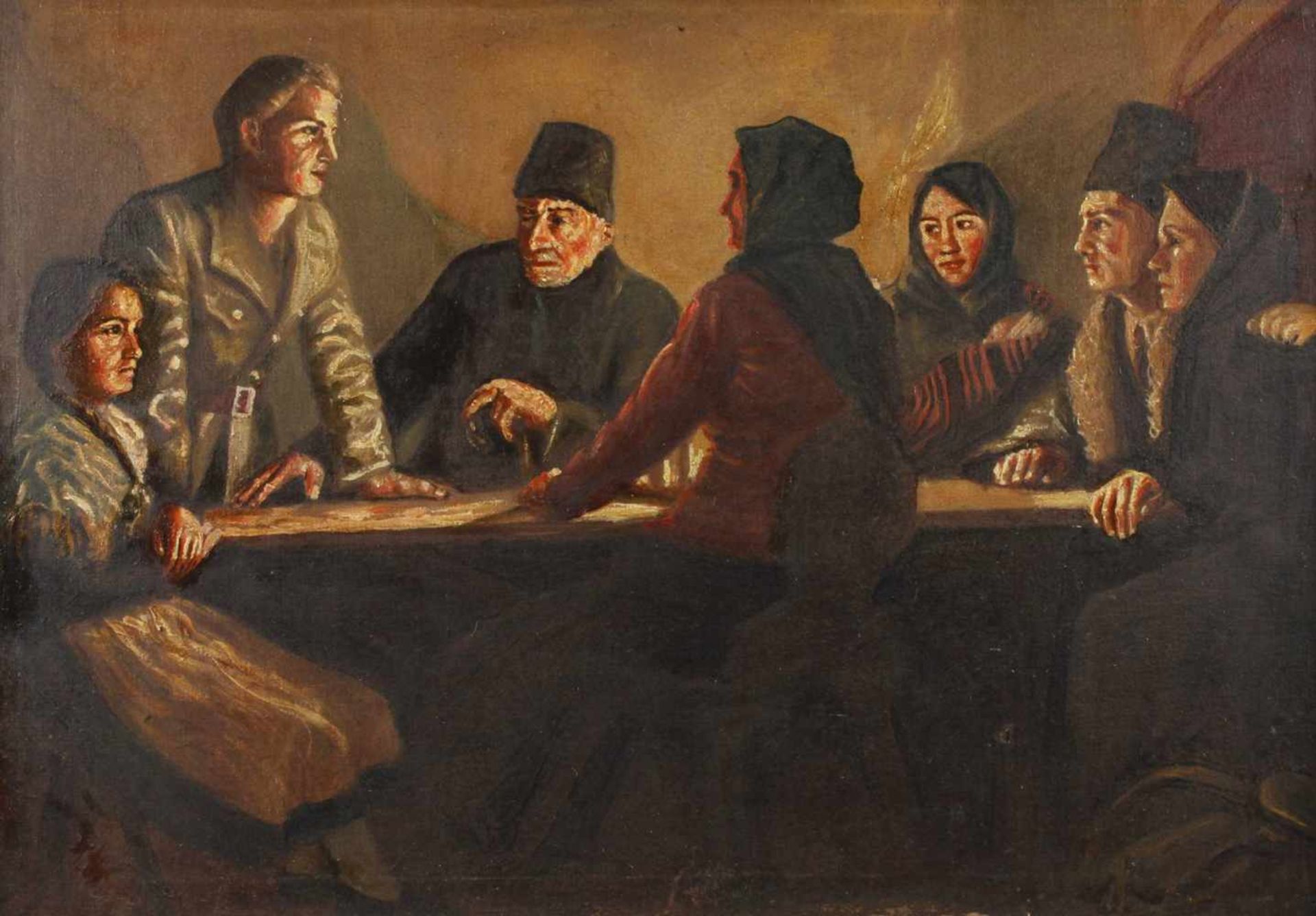 Gesprächsrunde im Kerzenschein wohl Szene aus dem revolutionären Russland, um 1918, junger Mann in